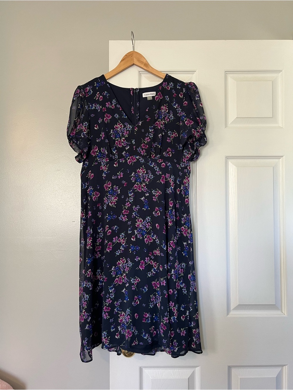 Calvin Klein Navy Midi Dress with Pink & Purple Floral Print